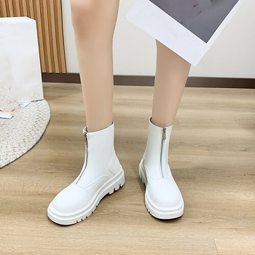 

Women's Boots Daily Combat Boots Booties Ankle Boots Winter Block Heel Round Toe Casual Minimalism PU Leather Zipper Solid Colored Black White