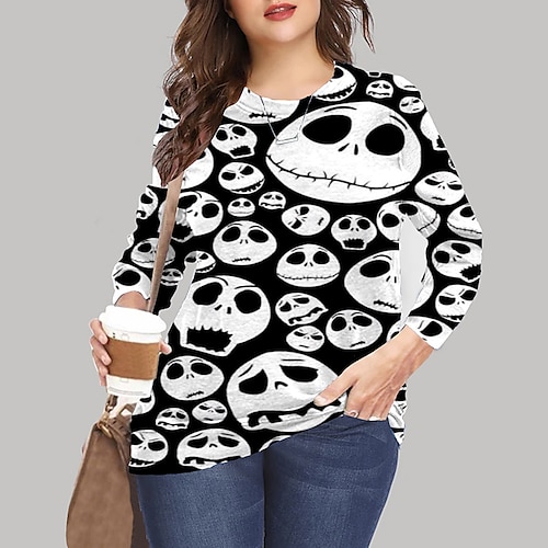 

Women's Plus Size Tops Pullover Sweatshirt Hoodie Sweatshirt Skull Print Long Sleeve Crewneck Vintage Casual Halloween Halloween Daily Microfiber Fall Winter White