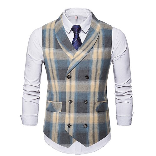 

Men's Casual Vest Plaid Regular Fit Peak Double Breasted Six-buttons Blue 2022