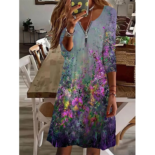 

Women's Casual Dress Green Blue Purple Long Sleeve Floral Zipper Winter Fall Autumn V Neck Winter Dress Fall Dress 2022 S M L XL 2XL 3XL 4XL 5XL 6XL