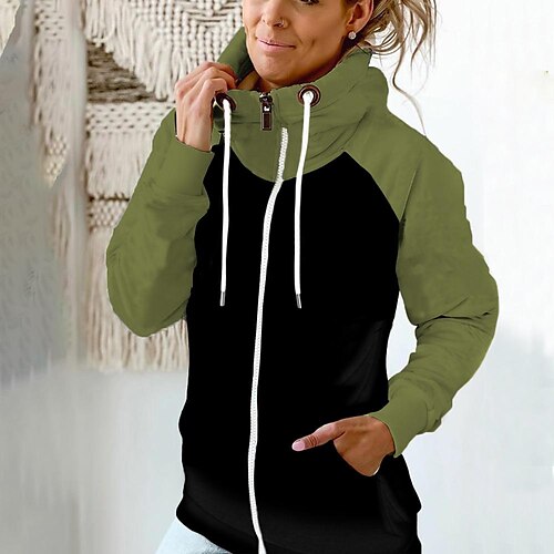 

Women's Hoodie Zipper Color Matching Basic Thick Fall ArmyGreen White Grey Red