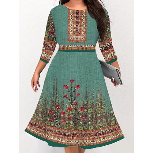 

women's dress mid length floral pattern print dress spring summer round neck large size casual modern
