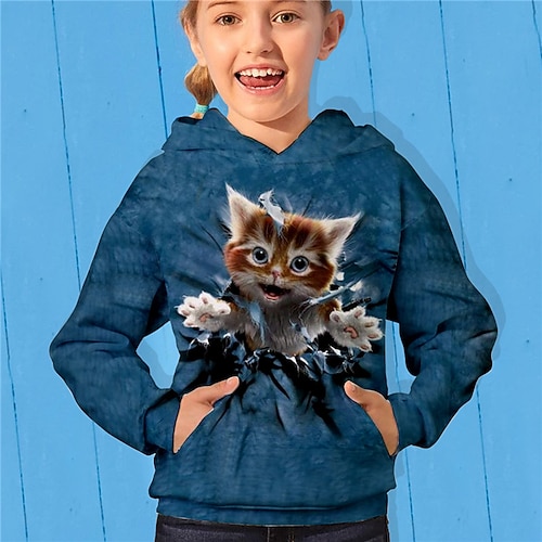 

Kids Girls' Hoodie Animal Outdoor 3D Print Long Sleeve Pocket Fashion 3-13 Years Winter Blue
