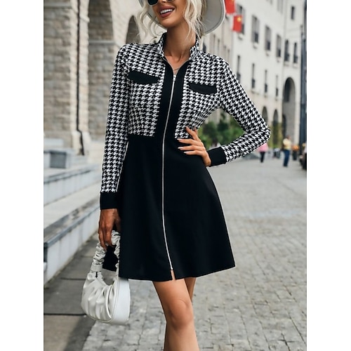 

femmes d'une ligne formelle robe plaid formelle robe tartan formelle robe mini formelle robe noir à manches longues poule fermeture éclair hiver automne automne col de chemise de mode hiver formelle