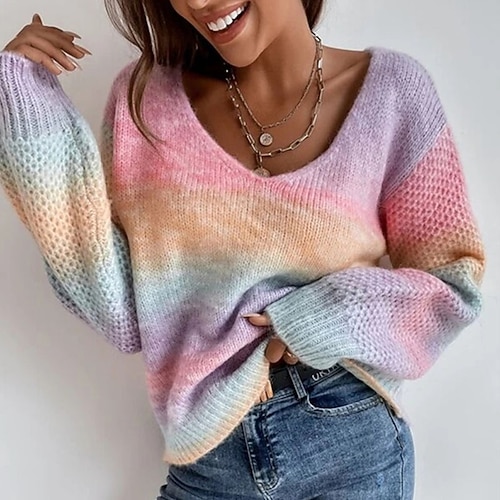 

Women's Pullover Sweater Jumper Ribbed Knit Knitted Color Gradient V Neck Stylish Casual Outdoor Daily Fall Winter Pink S M L / Long Sleeve