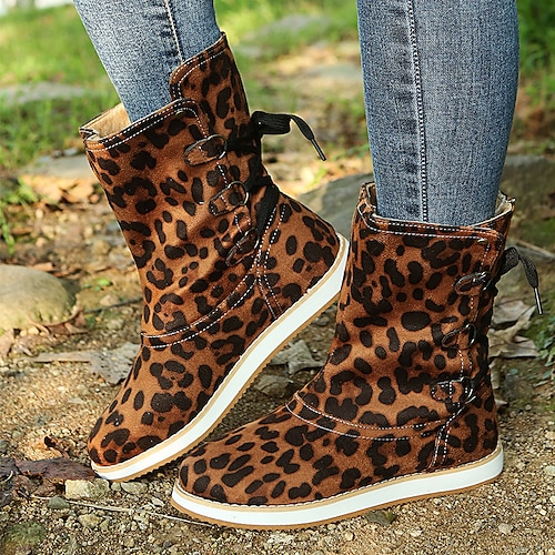 

Women's Boots Daily Plus Size Booties Ankle Boots Winter Lace-up Flat Heel Round Toe Classic Walking Shoes Synthetics Loafer Solid Colored Camel Leopard Black