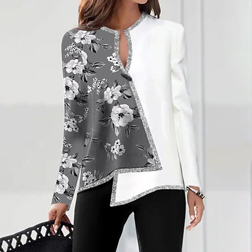 

Women's Blouse Shirt Gray Floral Color Block Asymmetric Print Long Sleeve Daily Weekend Streetwear Casual V Neck Regular Floral S