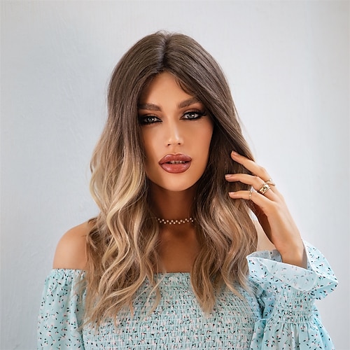 

Long Lace Front Synthetic Wavy Wigs Brown Blonde Highlight Hair Wigs for Women Heat Resistant Fibers for Daily Cosplay