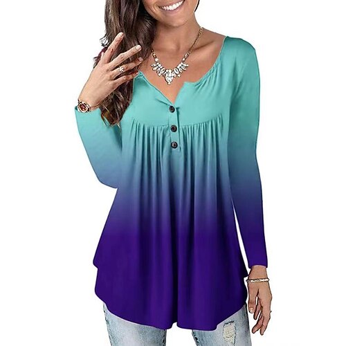 

Women's Blouse Shirt Tunic Wine Peacock Blue Gray Color Gradient Button Flowing tunic Long Sleeve Casual Weekend Streetwear Round Neck Long S / Print