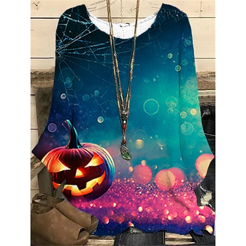 

Women's Plus Size Tops T shirt Tee Pumpkin Print Long Sleeve Crewneck Casual Halloween Halloween Going out Polyester Fall Winter Blue Purple / 3D Print