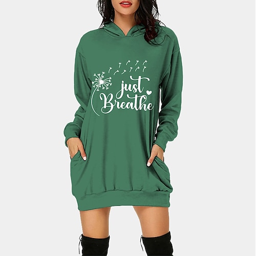 

Women's Pullover Hoodie Dress Text Dandelion Pocket Print Daily Sports Hot Stamping Active Streetwear Long Clothing Apparel Hoodies Sweatshirts Green White