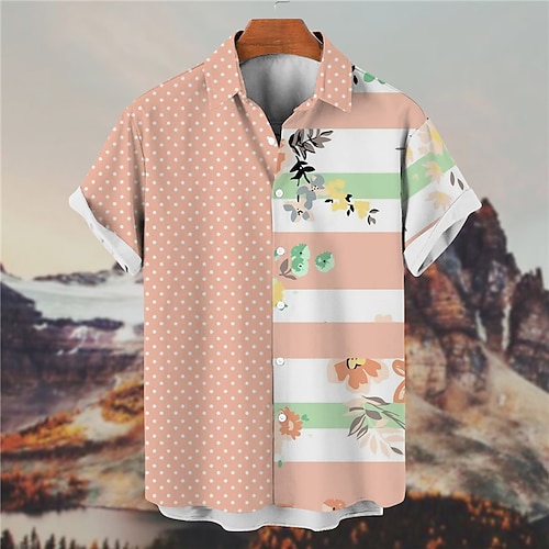 

Men's Shirt Graphic Shirt Floral Striped Turndown Pink 3D Print Outdoor Street Short Sleeves Button-Down Print Clothing Apparel Designer Casual Breathable / Summer / Spring / Summer