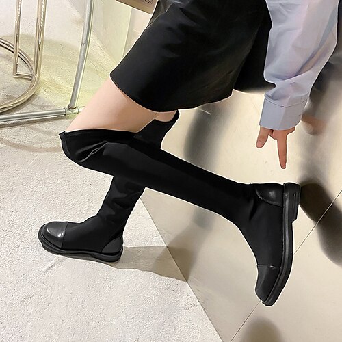 

Femme Bottes Grandes Tailles Extérieur du quotidien Cuissardes Hiver Talon Plat Bout rond Elégant Casual Minimalisme Satin Mocassins Couleur Pleine Noir