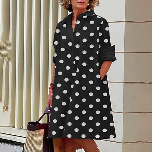 

Women's Casual Dress Shirt Dress Knee Length Dress Green Black Blue Light Green Orange Red Long Sleeve Polka Dot Print Fall Winter Shirt Collar Fashion Casual Modern 2022 S M L XL XXL