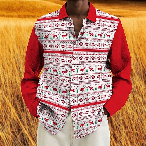 

Men's Shirt Elk Snowflake Turndown Red 3D Print Christmas Street Long Sleeve Button-Down Print Clothing Apparel Fashion Designer Casual Breathable