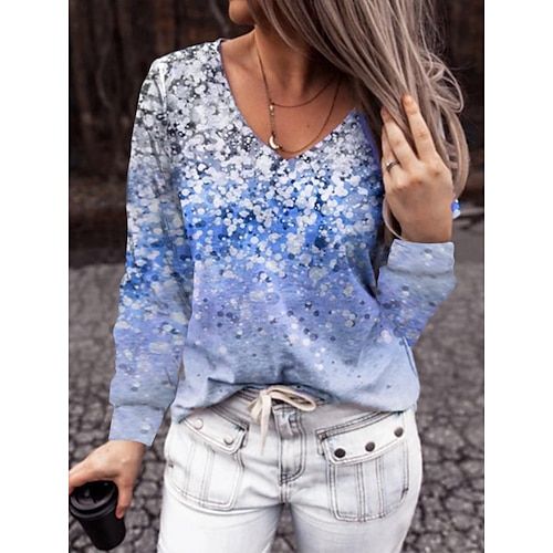 

Women's Shirt Green Blue Pink Graphic Print Long Sleeve Holiday Weekend Streetwear Casual V Neck Regular Floral S / 3D Print