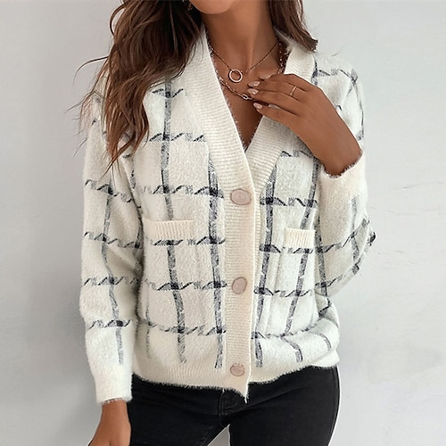 

Women's Cardigan Sweater Jumper Ribbed Knit Button Knitted Plaid V Neck Stylish Casual Outdoor Daily Winter Fall White S M L / Long Sleeve / Regular Fit / Going out
