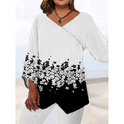 

Blusa feminina plus size blusa estampa floral manga longa decote em v casual diariamente saindo poliéster outono inverno fúcsia