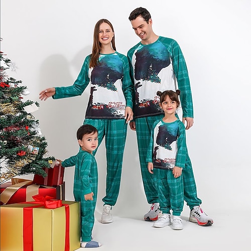 

Christmas Pajamas Family Set Ugly Plaid Christmas pattern Home Blue Long Sleeve Mom Dad and Me Daily Matching Outfits