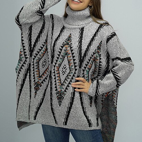 

Women's Pullover Sweater jumper Jumper Ribbed Knit Knitted Argyle Turtleneck Ethnic Style Vintage Style Outdoor Daily Winter Fall Gray S M L / Long Sleeve / Holiday / Casual / Regular Fit / Going out