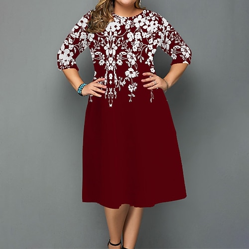 

Women's Plus Size Casual Dress Floral Crew Neck 3/4 Length Sleeve Fall Winter Casual Midi Dress Causal Daily Dress