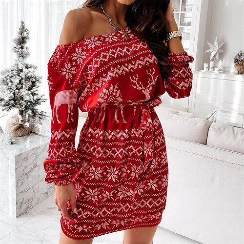 

Women's Christmas Casual Dress Shift Dress Knee Length Dress Black And White Big red Black Long Sleeve Animal Geometric With Belt Print Fall Winter Off Shoulder Classic Fit 2022 S M L XL XXL