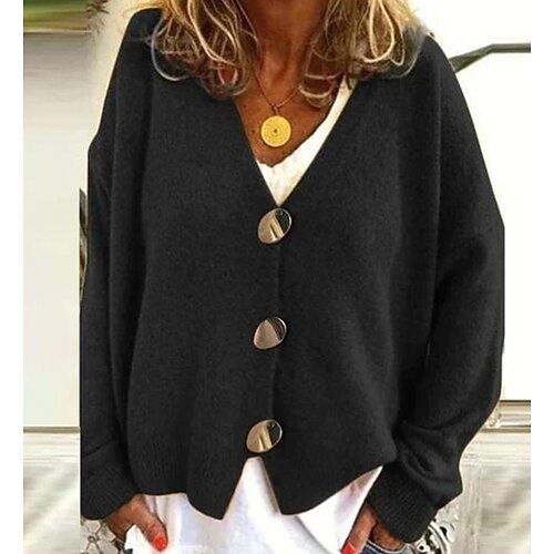 

Women's Cardigan Sweater Jumper Crochet Knit Cropped Knitted Pure Color V Neck Stylish Casual Daily Holiday Winter Fall Black S M L / Long Sleeve / Regular Fit