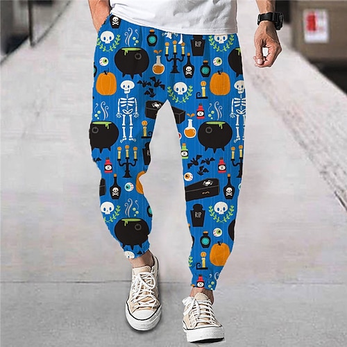 

Men's Joggers Trousers Beach Pants Drawstring Elastic Waist 3D Print Skull Pumpkin Graphic Prints Comfort Breathable Halloween Casual Streetwear Designer Blue Micro-elastic / Elasticity