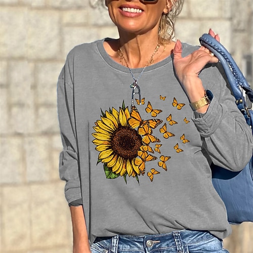 

Women's Sweatshirt Pullover Active Streetwear Print Black Blue Khaki Butterfly Sunflower Daily Round Neck Long Sleeve S M L XL XXL