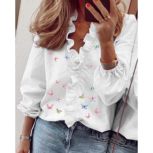 

Women's Blouse Shirt Green Pink White Butterfly Ruffle Button Long Sleeve Holiday Weekend Streetwear Casual V Neck Regular Butterfly S / 3D Print / Print