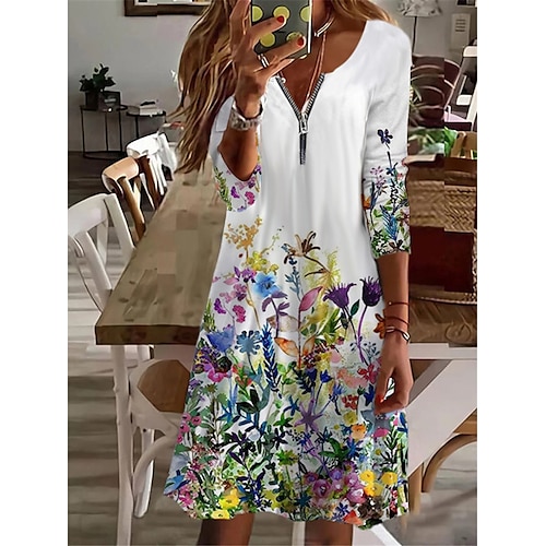 

Women's Casual Dress Shift Dress White Long Sleeve Floral Zipper Winter Fall Autumn V Neck Winter Dress Fall Dress 2022 S M L XL 2XL 3XL 4XL 5XL 6XL