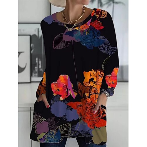 

Damen T Shirt Schwarz Blau Orange Graphic Blumen Tasche Bedruckt Langarm Festtage Wochenende Basic Rundhalsausschnitt Lang Blume Abstrakt Farbe S