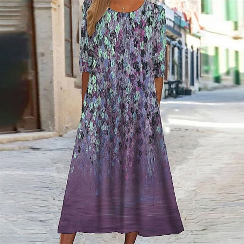 

Women's Casual Dress Swing Dress Midi Dress Midi Dress Blue Purple Fuchsia Long Sleeve Floral Pocket Winter Fall Autumn Round Neck Vacation Winter Dress Fall Dress 2022 S M L XL XXL 3XL