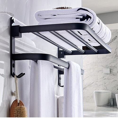 

Towel Rack for Bathroom,Space Aluminum Black Bathroom Shelf Folding Towel Rack with Hook Bathroom Hardware