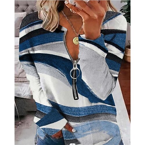 

Women's Shirt Color Block Casual Weekend Shirt Long Sleeve Quarter Zip Print V Neck Streetwear Blue Light Blue S / 3D Print