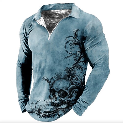 

Men's Collar Polo Shirt Golf Shirt Floral Skull Turndown Blue Khaki 3D Print Halloween Street Long Sleeve Zipper Print Clothing Apparel Vintage Cool Designer Casual