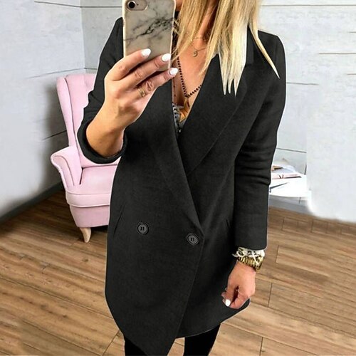 

Women's Winter Coat Windproof Warm Outdoor Work Street Going out Button Pocket Double Breasted Lapel Fashion OL Style Elegant Modern Solid Color Regular Fit Outerwear Long Sleeve Winter Fall Black
