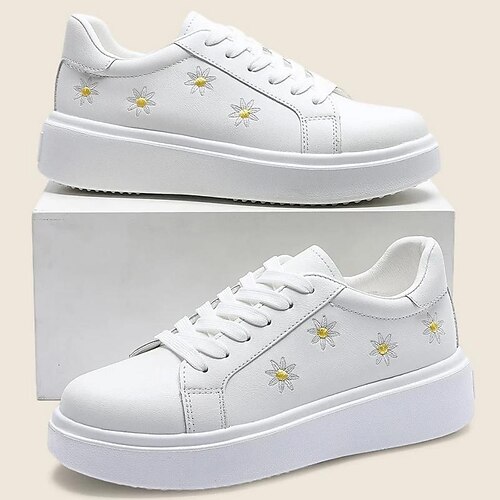 

Women's Sneakers Daily White Shoes Embroidery Flat Heel Round Toe Casual Sweet PU Leather Lace-up Solid Colored White