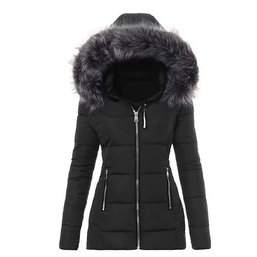 

Women's Puffer Jacket Winter Jacket Winter Coat Comfortable Casual Daily Fur Collar Fleece Lined Zipper Hoodie Comtemporary Stylish Solid Color Regular Fit Outerwear Long Sleeve Winter Fall Black S M