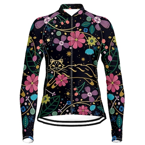 

21Grams Women's Cycling Jersey Long Sleeve Bike Top with 3 Rear Pockets Mountain Bike MTB Road Bike Cycling Breathable Quick Dry Moisture Wicking Reflective Strips Black Cat Floral Botanical
