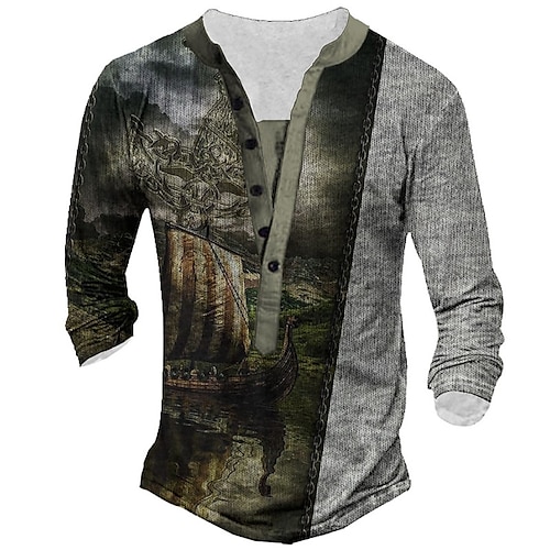 

Men's T shirt Tee Henley Shirt Tee Graphic Henley Green 3D Print Plus Size Outdoor Daily Long Sleeve Button-Down Print Clothing Apparel Basic Designer Classic Comfortable / Sports