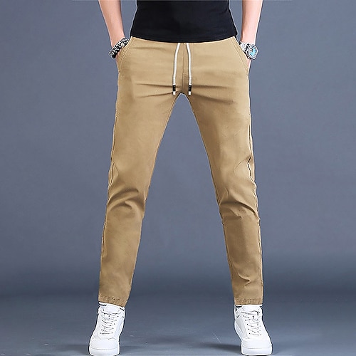 

Men's Chinos Trousers Casual Pants Drawstring Front Pocket Straight Leg Solid Color Comfort Daily Fashion Streetwear Khaki