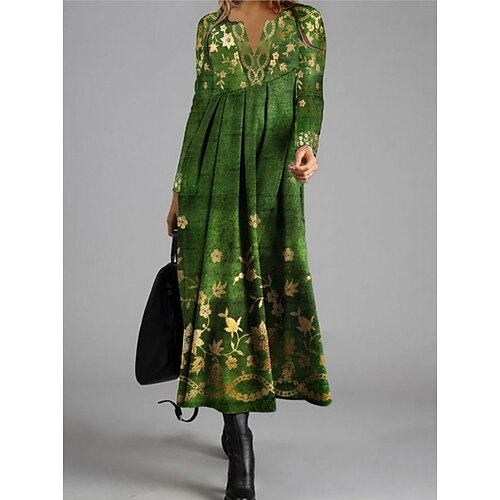 

Women's Shift Dress Midi Dress Green Long Sleeve Floral Ruched Winter Fall Autumn V Neck Winter Dress Weekend Fall Dress 2022 S M L XL 2XL 3XL