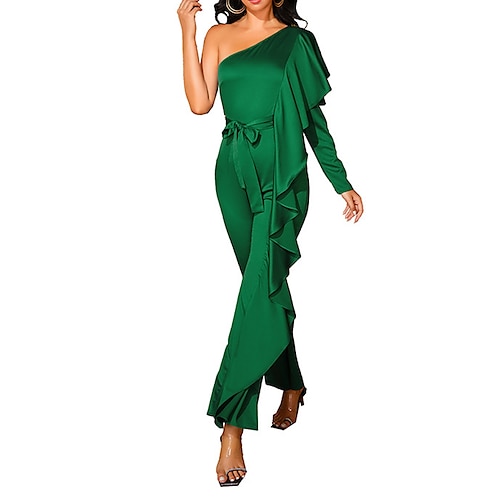 

Women's Jumpsuit Ruffle Solid Color One Shoulder Streetwear Party Street Straight Regular Fit Long Sleeve Green S M L Winter