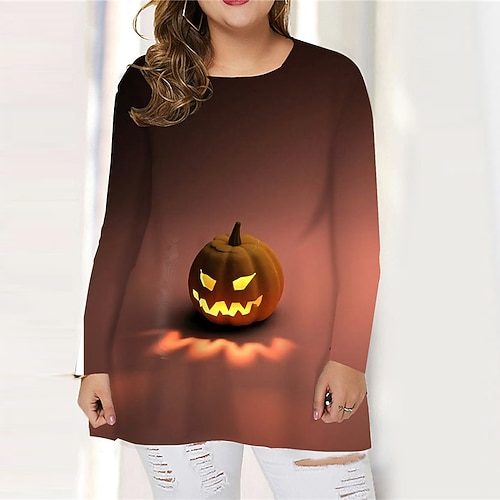 

Women's Plus Size Tops T shirt Tee Letter Pumpkin Print Long Sleeve Crewneck Casual Festival Halloween Halloween Daily Cotton Spandex Jersey Fall Winter Fuchsia Orange / 3D Print