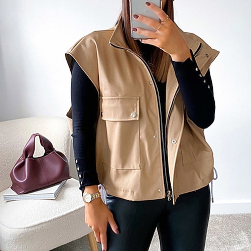 

Women's Vest Windproof Warm Outdoor Street Daily Vacation Zipper Pocket Zipper Turndown Casual Street Style Solid Color Regular Fit Outerwear Sleeveless Winter Fall Black Khaki Brown S M L