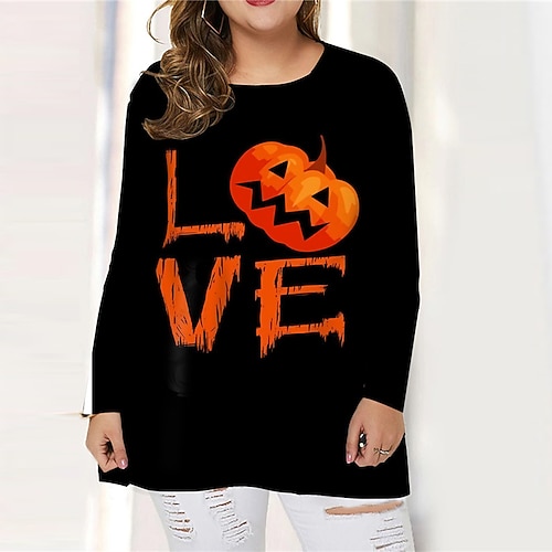 

Women's Plus Size Tops T shirt Tee Skull Letter Print Long Sleeve Crewneck Casual Festival Halloween Halloween Daily Cotton Spandex Jersey Fall Winter Yellow Orange / 3D Print