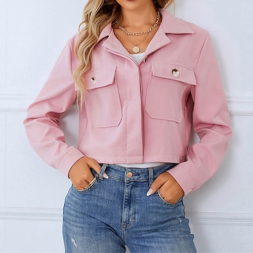 

Women's Casual Jacket Windproof Warm Outdoor Work Casual Daily Pocket Single Breasted Turndown OL Style Modern Solid Color Regular Fit Outerwear Long Sleeve Winter Fall Pink S M L XL