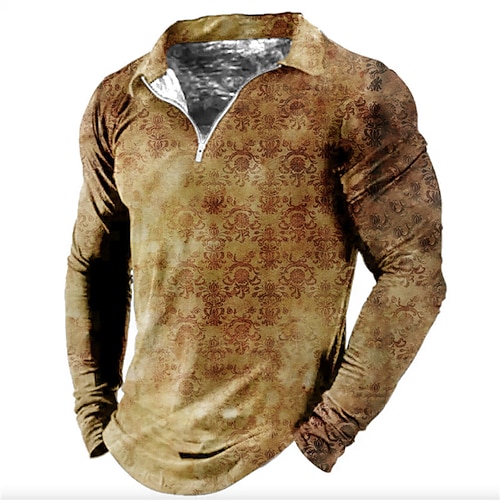 

Men's Collar Polo Shirt Golf Shirt Floral Turndown Blue Yellow 3D Print Outdoor Street Long Sleeve Zipper Print Clothing Apparel Fashion Designer Casual Breathable