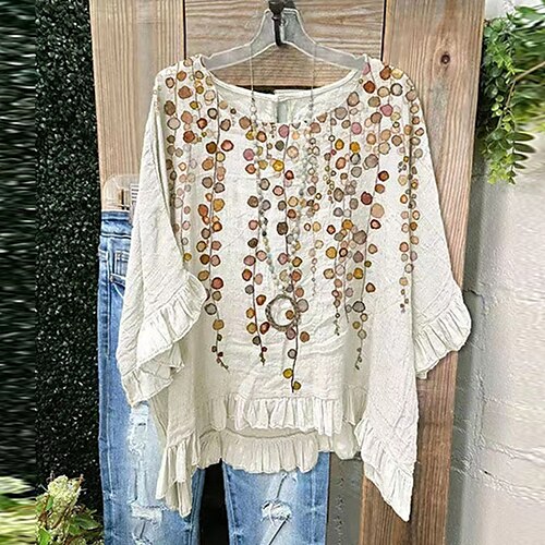 

Women's Plus Size Tops Blouse Shirt Polka Dot Pumpkin Ruffle Print Half Sleeve Round Neck Vintage Casual Daily Vacation Polyester Fall Winter Green White